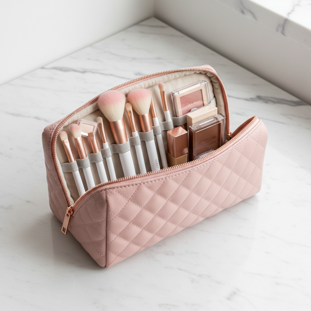 Makeup brush organizer bag open with brushes neatly arranged